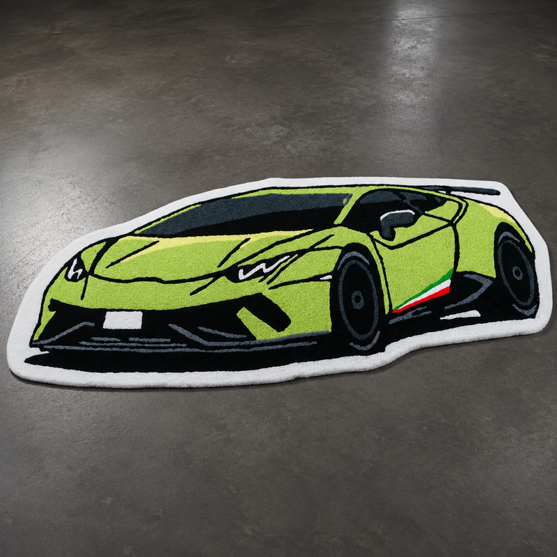 Lime green hand-tufted car rug shaped like an Italian supercar, on light wood flooring