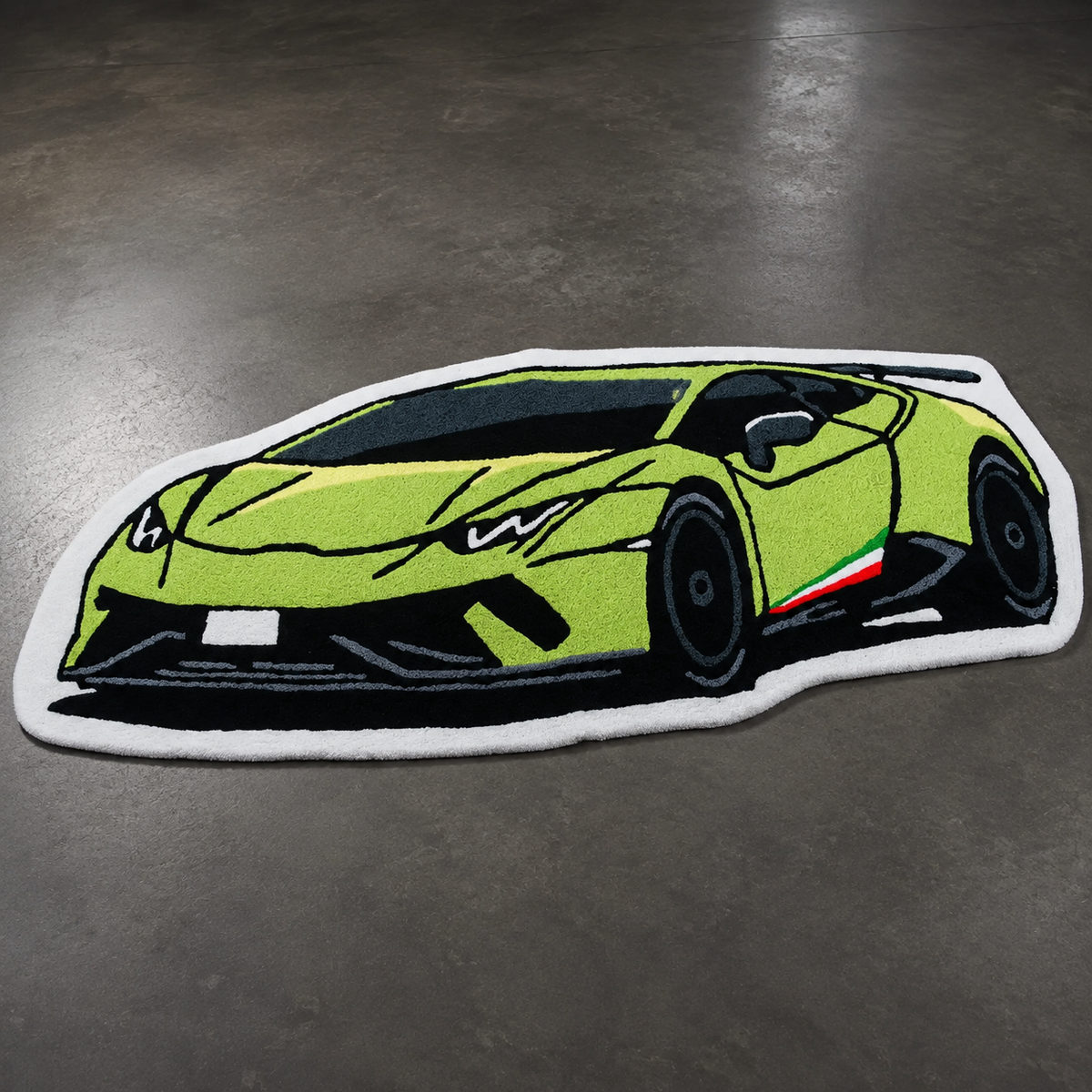 Lime green hand-tufted car rug shaped like an Italian supercar, on light wood flooring