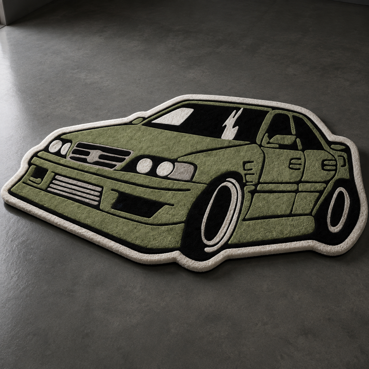Military green hand-tufted car rug shaped like a boxy Japanese performance saloon