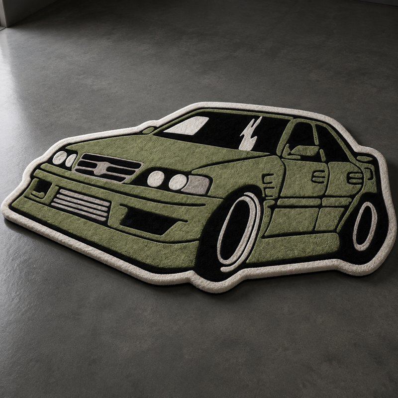 Military green hand-tufted car rug shaped like a boxy Japanese performance saloon